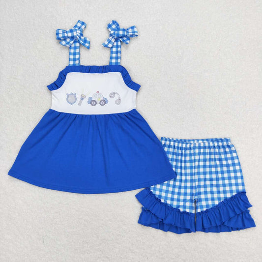 GSSO0717 Police flashlight blue and white plaid lace suspender shorts suit