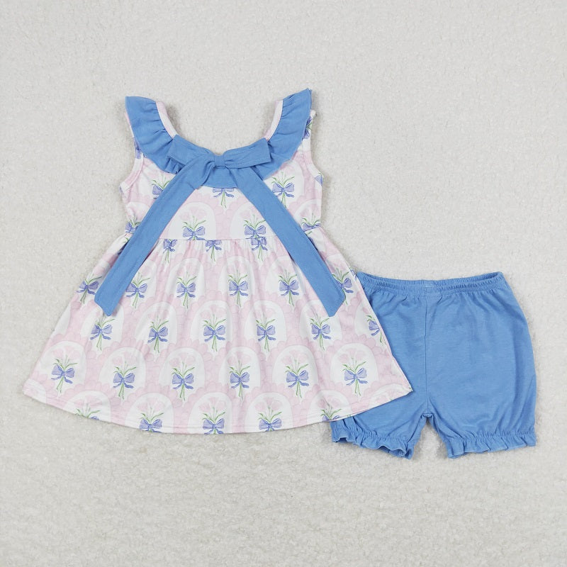 GSSO0723 Pink floral blue lace sleeveless shorts suit