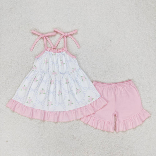 GSSO0725 White Sleeveless Pink Shorts Set with Flower Bow Pattern set