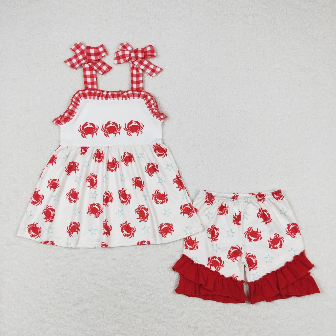 GSSO0728 Crab star red and white plaid lace beige suspender shorts suit