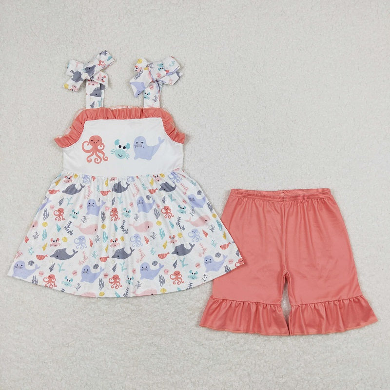 GSSO0729  Octopus crab seal brick red lace white suspender shorts suit