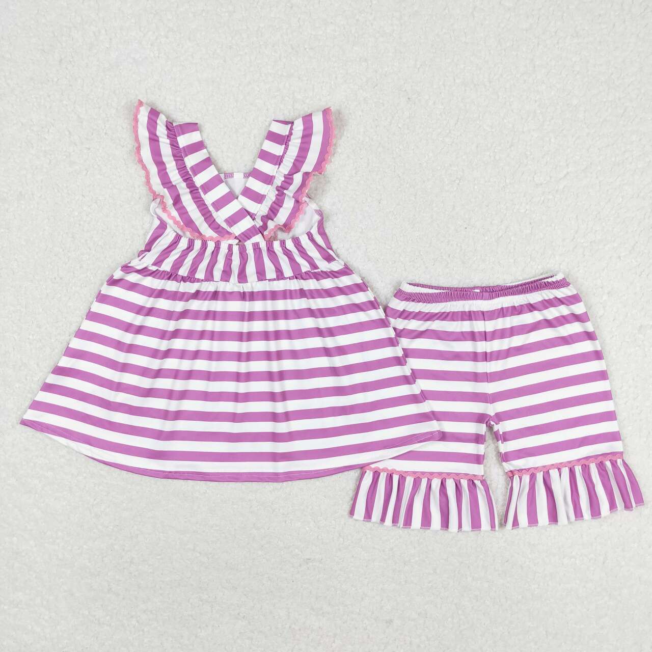 GSSO0734 Colorful ice cream purple and white striped flying sleeve shorts suit