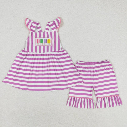 GSSO0734 Colorful ice cream purple and white striped flying sleeve shorts suit