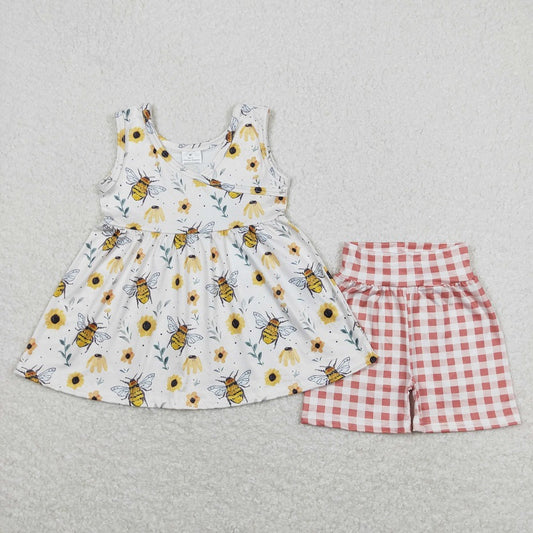 GSSO0743 Flower Bee Beige Sleeveless Red and White Plaid Shorts Suit