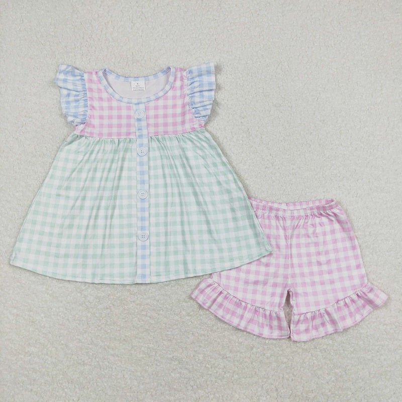 GSS00744 Pink and green plaid flying sleeve shorts suit