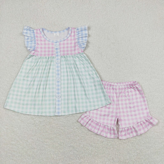 GSS00744 Pink and green plaid flying sleeve shorts suit