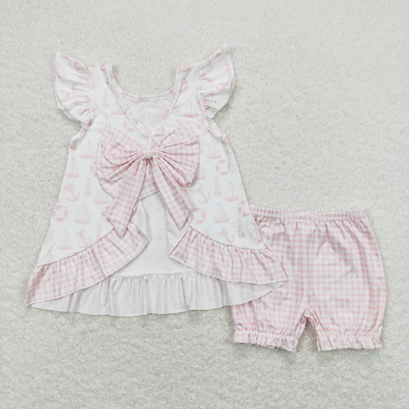 GSSO0748 Swim ring sailboat pink and white plaid bow flying sleeve shorts suit