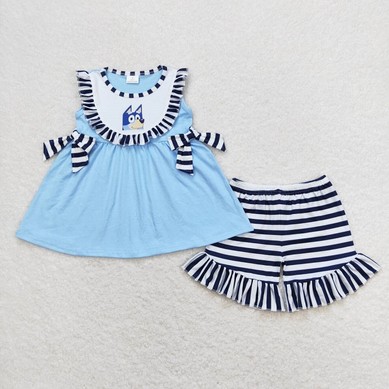 GSSO0751 Striped lace bow blue sleeveless shorts suit