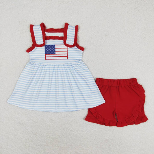 GSSO0755 Embroidered flag blue striped sleeveless red lace shorts set