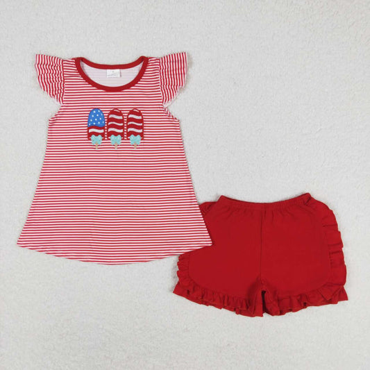 GSSO0759 Embroidery bow stars stripes ice cream stripes flying sleeves red shorts suit