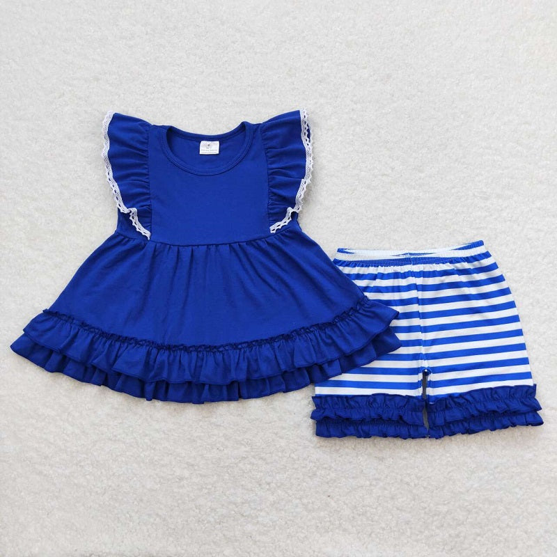 GSSO0762 Navy blue lace sleeveless striped shorts suit