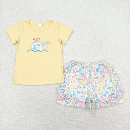 GSSO0765 Embroidered Flower Whale Yellow Short Sleeve Shorts Set D 6.10