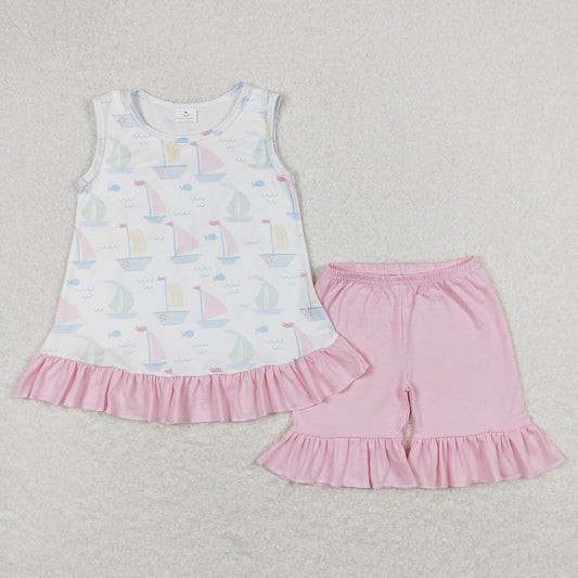 GSSO0766 Sailboat White Sleeveless Pink Lace Shorts Set