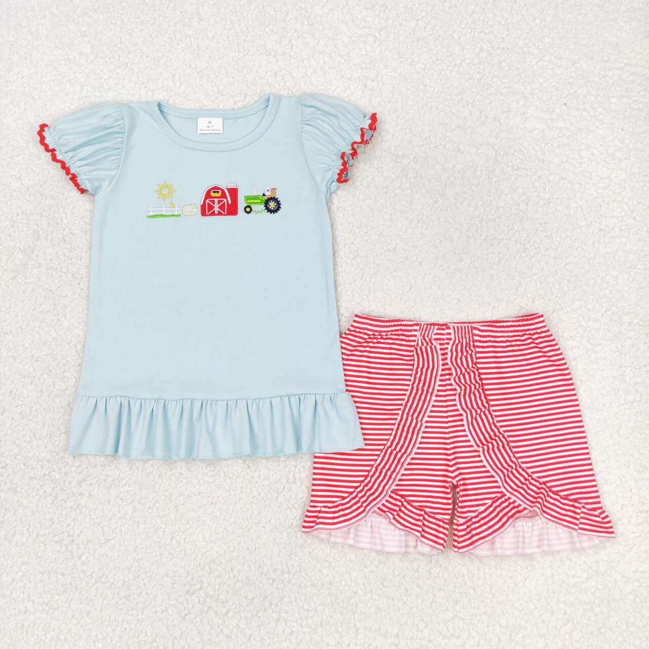 GSSO0788 Embroidery Farm Sun Red House Tractor Short Sleeve Red Striped Lace Shorts Suit