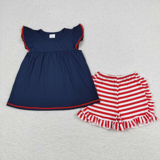 GSSO0796 Navy blue flying sleeves red and white striped shorts suit