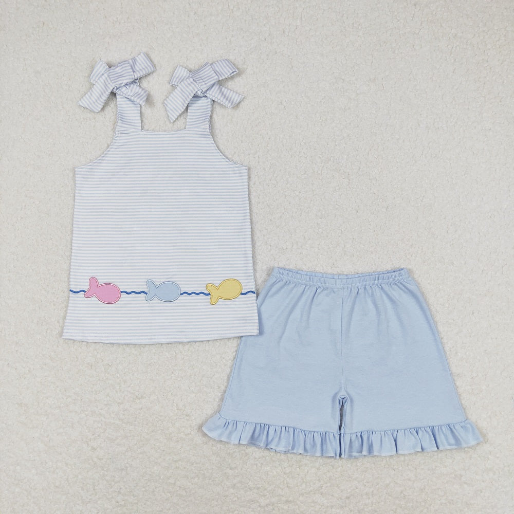 GSSO0809 Embroidered fish striped suspender blue shorts suit