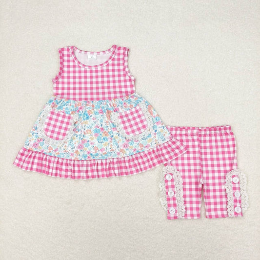 GSSO0813 pink gingham floral shorts set with pocket