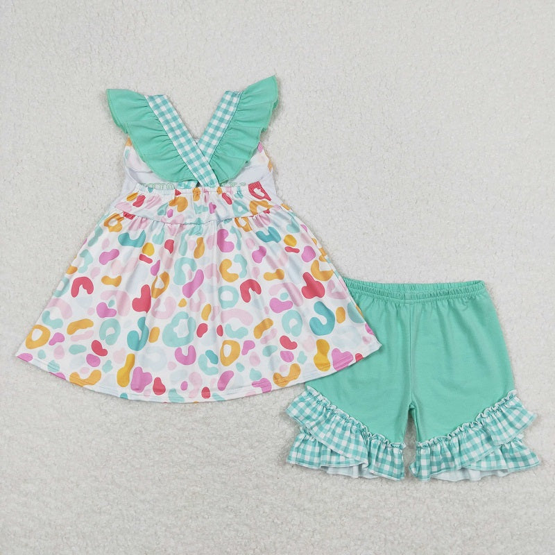 GSSO0815 Embroidered letters colorful leopard print flying sleeve teal shorts suit