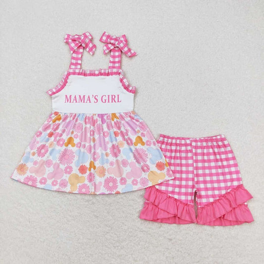 GSSO0819 mama's girl letter flower rose pink plaid lace suspender shorts suit