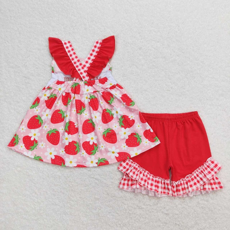 GSSO0835 mama's girl embroidered letter flower strawberry flying sleeve shorts suit