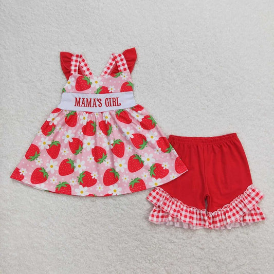 GSSO0835 mama's girl embroidered letter flower strawberry flying sleeve shorts suit D 3.31