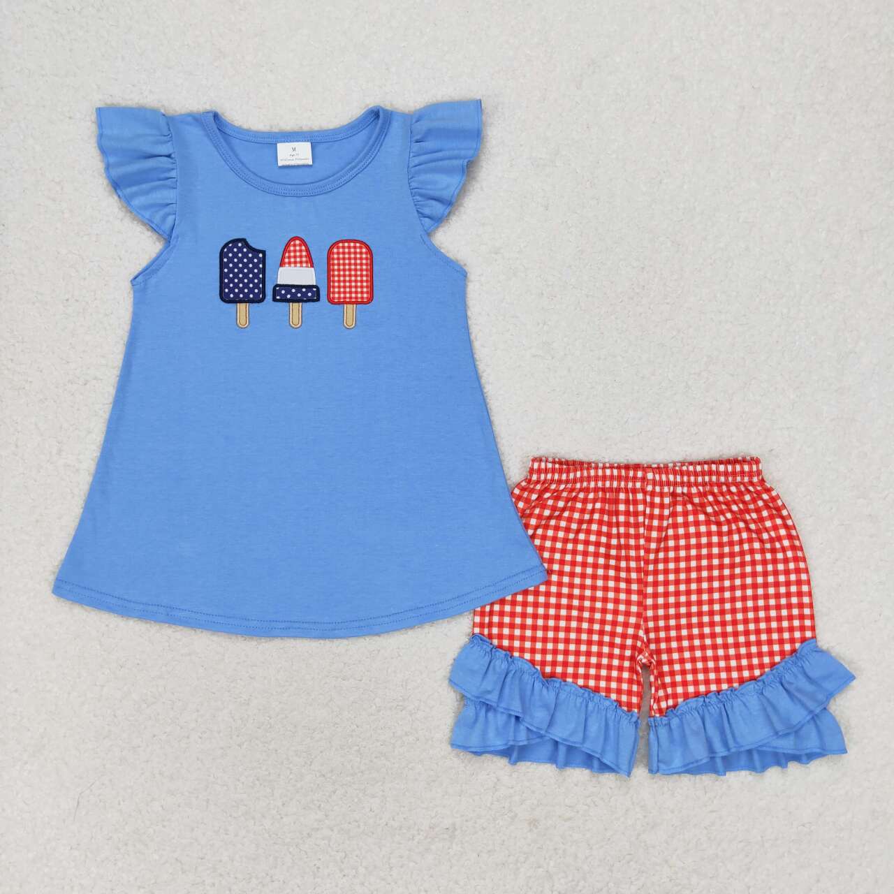 GSSO0860 Embroidery Popsicle Blue Flying Sleeve Red Plaid Shorts Set