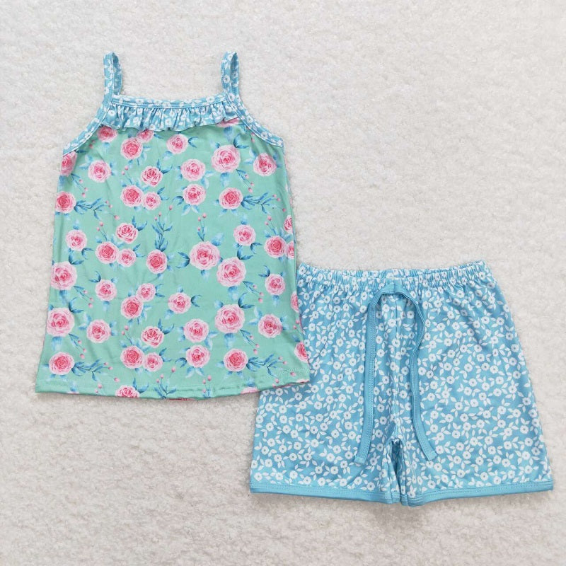 GSSO0863 Pink floral green sleeveless floral blue shorts suit