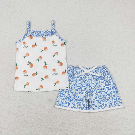 GSSO0864 Peach Pink Sleeveless Blue Floral Shorts Set