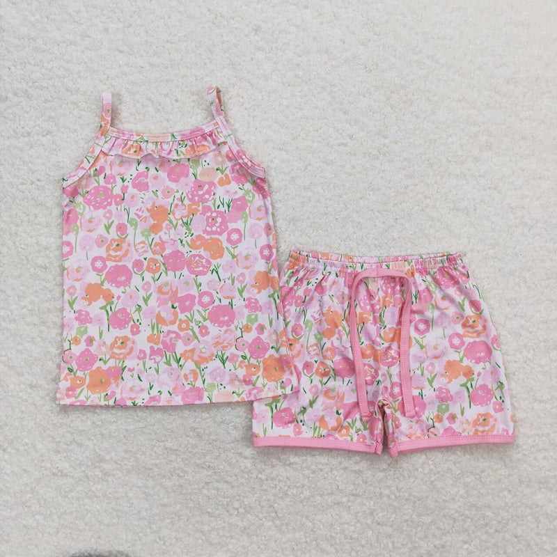 GSSO0868 Pink Orange Floral Sleeveless Shorts Suit