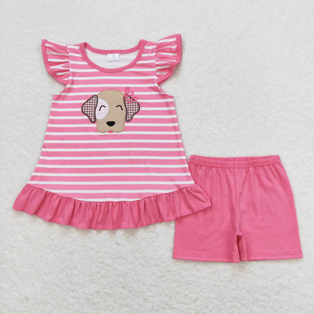 Sibling Baby Girls Stripes Bows Dog Tunic Top Ruffle Shorts Clothes Sets D 7.8