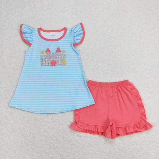 GSSO0875 Embroidered shell star castle striped flying sleeve rose red shorts suit