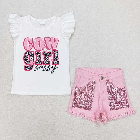 GSSO0876 Cowgirl sassy letter white lace sleeves pink sequin denim shorts set