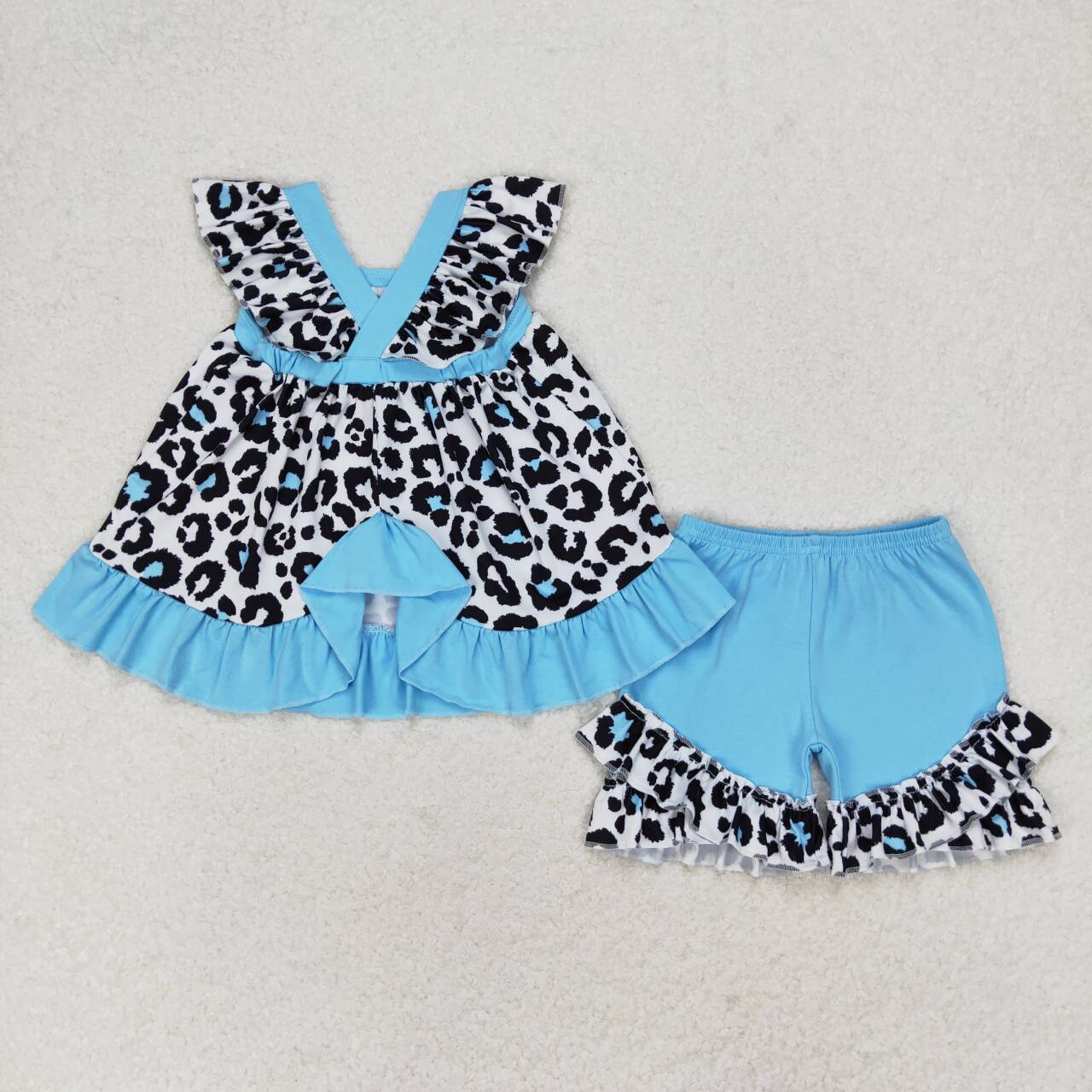 GSSO0878 Blue and black leopard lace flying sleeve shorts suit