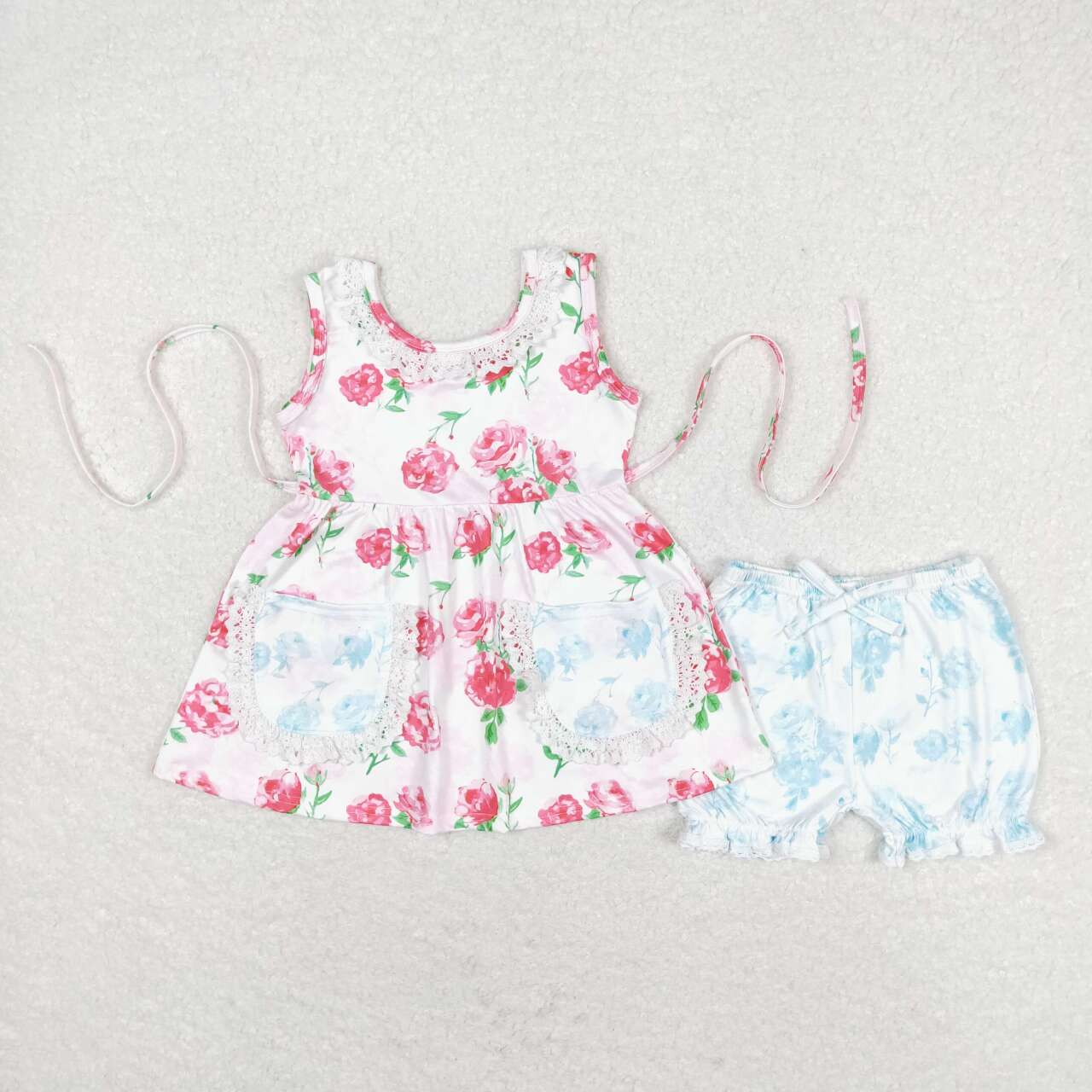 GSSO0882 Powder Blue Floral Lace Pocket Sleeveless Shorts Set