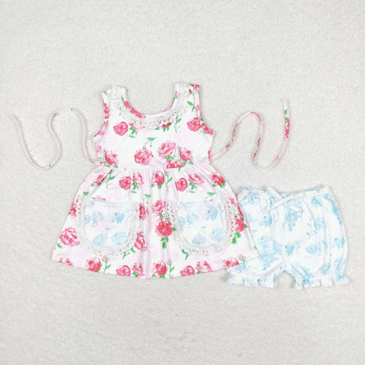 GSSO0882 Powder Blue Floral Lace Pocket Sleeveless Shorts Set