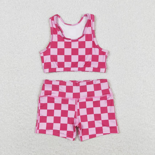 GSSO0905 Pink plaid sleeveless shorts suit