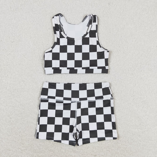 GSSO0906 Black and white plaid sleeveless shorts suit