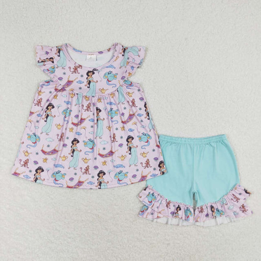 GSSO0912 girls pink purple flying sleeves blue shorts suit