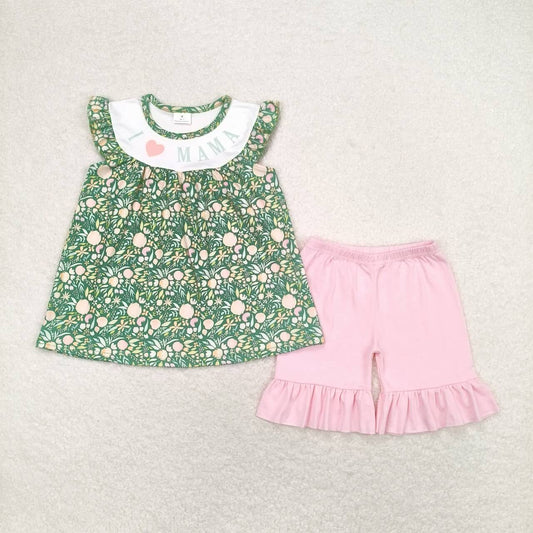 GSSO0913 I love mama letter flower green short-sleeved pink shorts suit