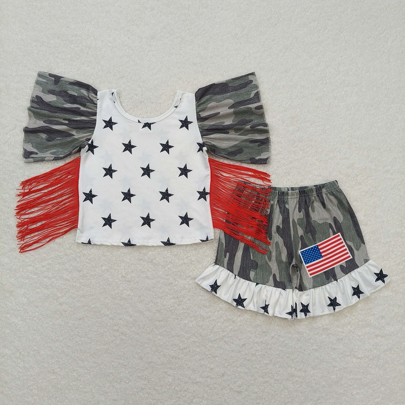 GSSO0918 National Day Star Camouflage Lace Sleeve Shorts Set