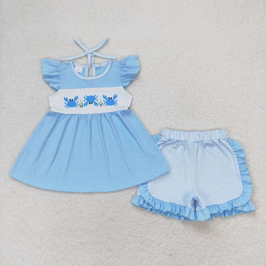 GSSO0927 Crab Blue Flying Sleeve Striped Shorts Set
