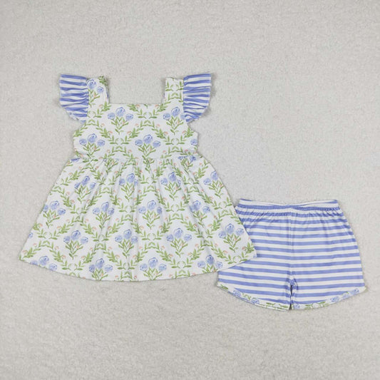 GSSO0938 Bouquet flowers blue striped flying sleeve shorts suit