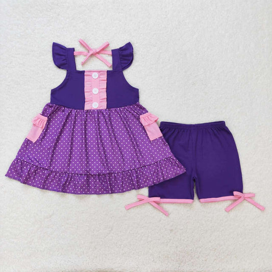 GSSO0965 Pink lace pocket polka dot purple flying sleeve shorts suit