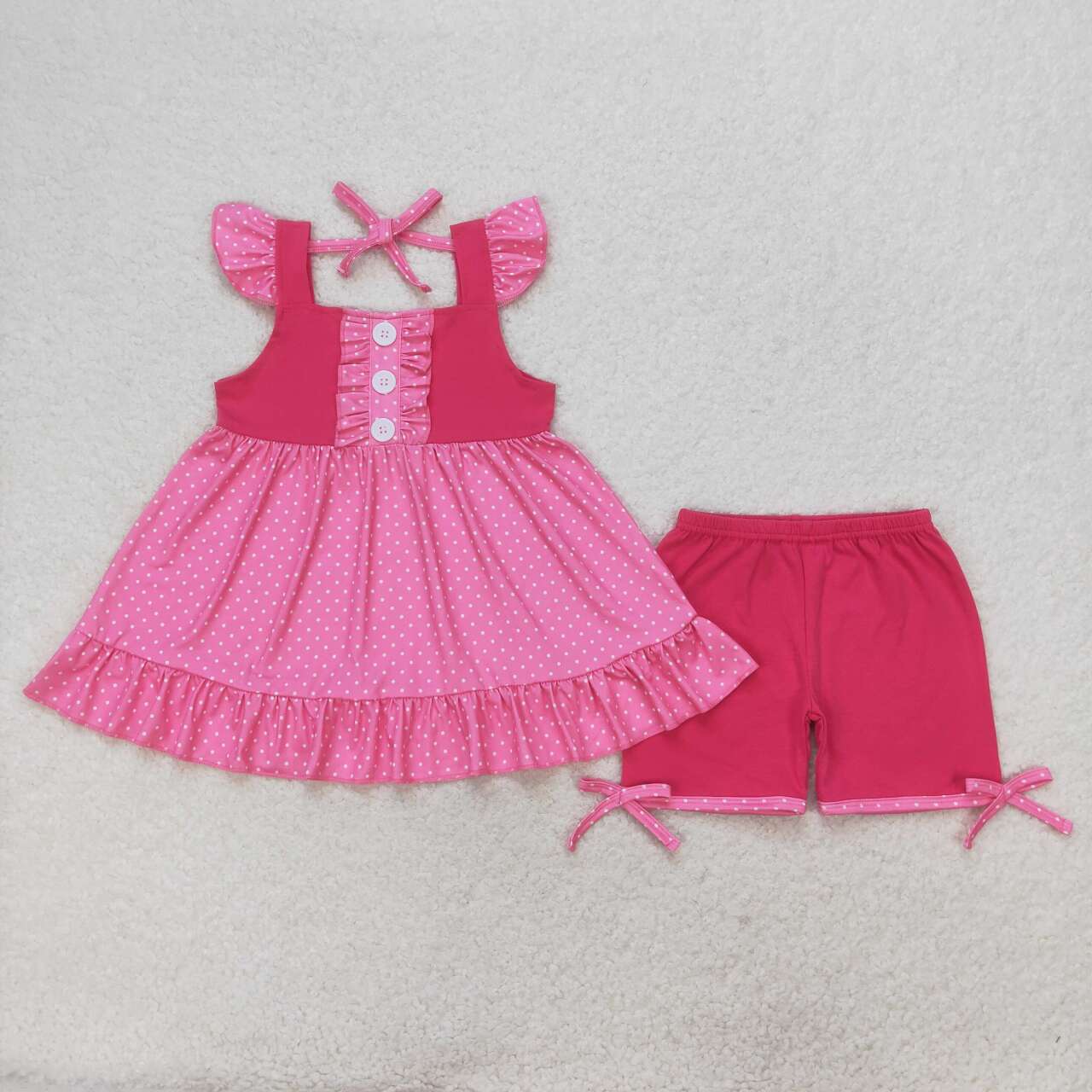 GSSO0974 Polka dot rose red flying sleeve shorts suit