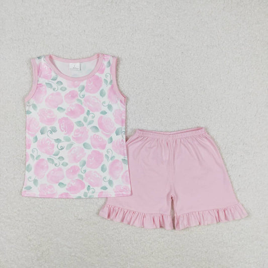 GSSD0975 Flowers and leaves pink sleeveless shorts suit