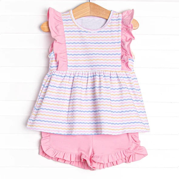 GSSO0976 Blue and yellow wavy line striped pink lace sleeveless shorts suit