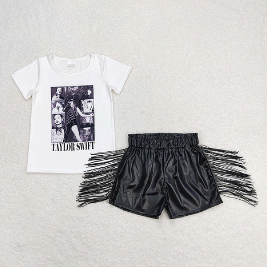 GSSO0983 White short-sleeved black shiny leather tassel shorts suit