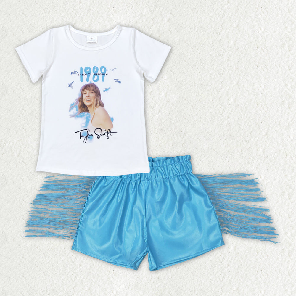 GSSO0984 Baby Girls Shirts Tops Leather Blue Tassel Shorts Clothes Sets