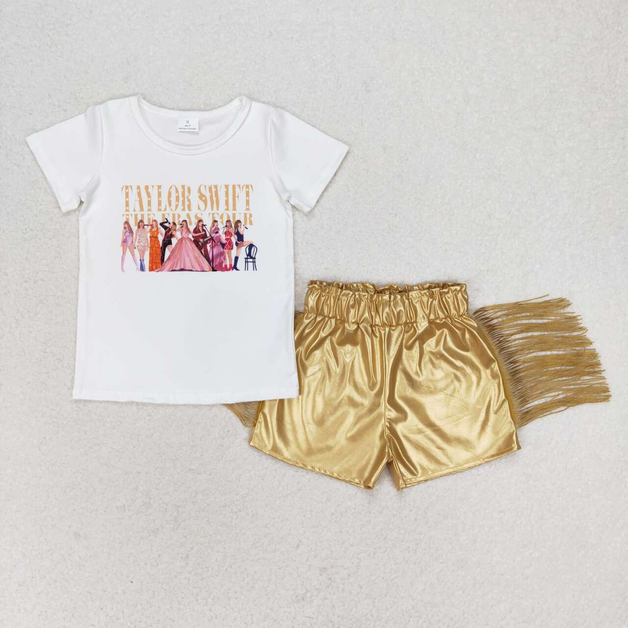 GSSO0985 White Short Sleeve Gold Shiny Leather Tassel Shorts Set