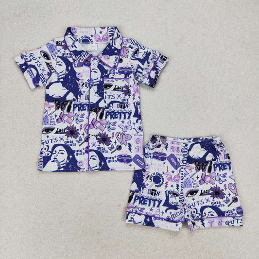 GSSO0988 Butterfly Purple White Short Sleeve Shorts Pajama Set